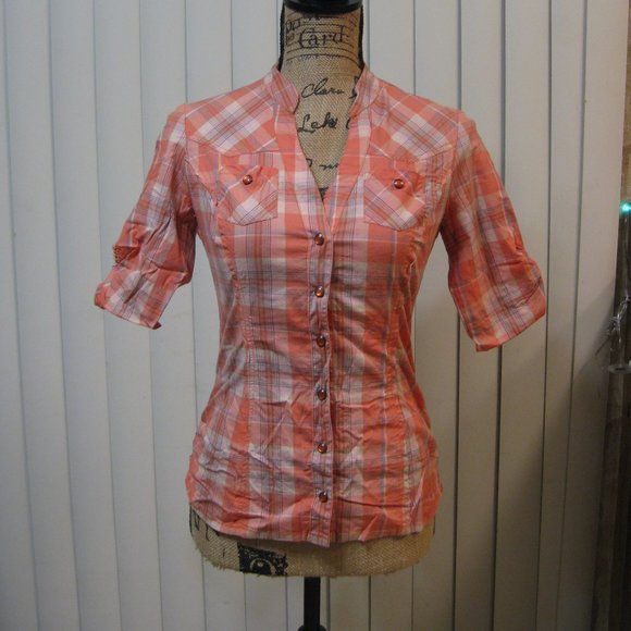 NWT Guess red white plaid logo shirt top XS extra small - Picture 1 of 8